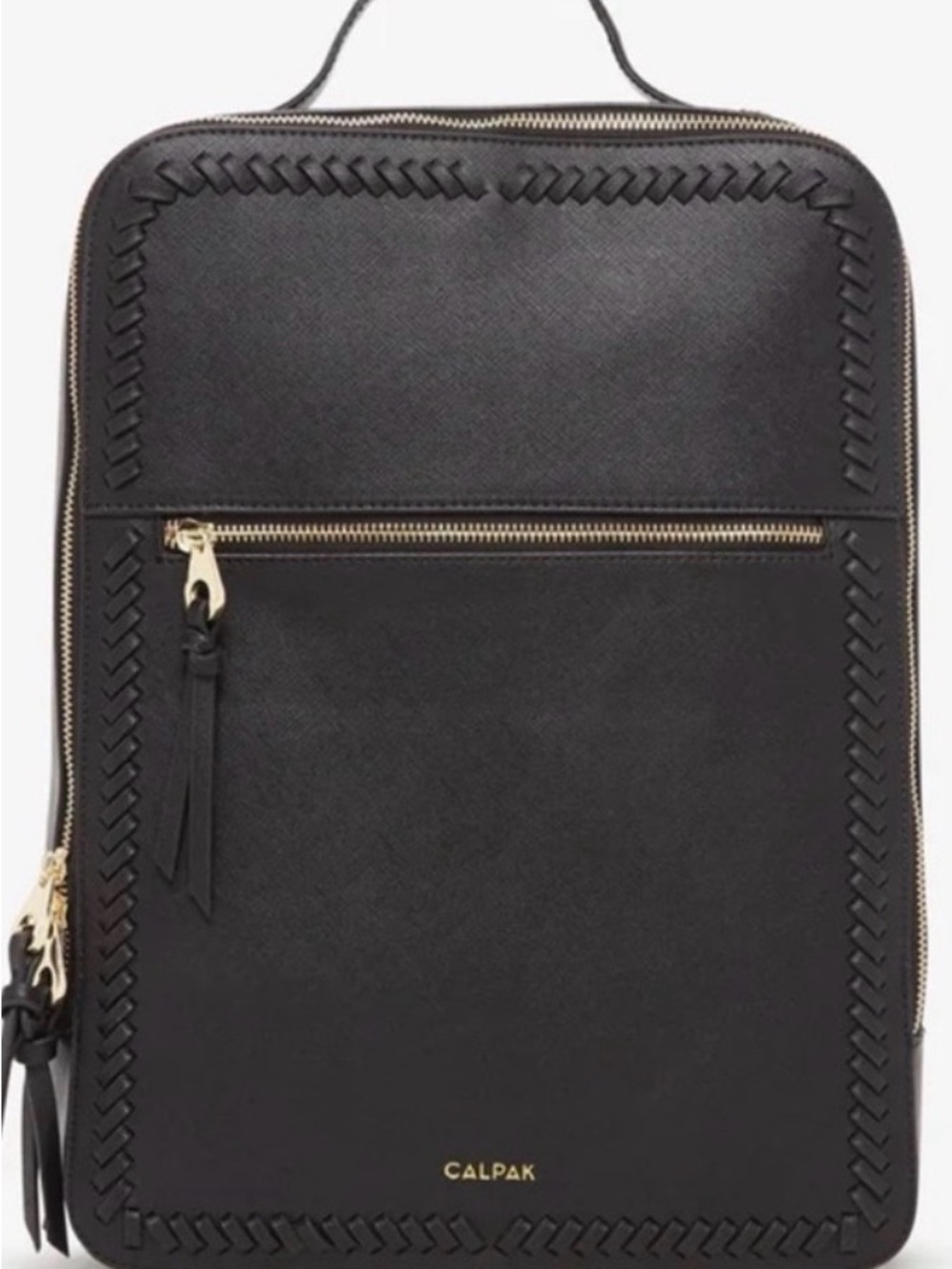 Calpak Black Backpack with Woven Trim and Gold Hardware